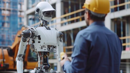 Poster - Engineer supervising robot on construction site. Concept of technology and robotics.