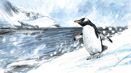 Sticker - A detailed sketch of a curious penguin waddling along the icy shore, its black and white plumage contrasting with the white snow.