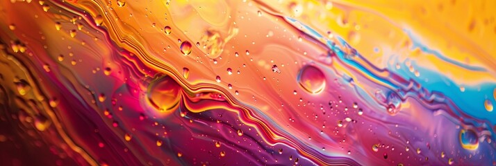Poster - Colorful Abstract Patterns of Oil and Water Mixing in Dynamic Swirls and Bubbles at Sunset