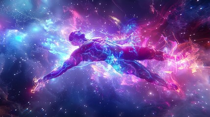 Poster - Cosmic Journey of the Human Energy Field Illuminated by Neon Colors in a Mystical Galaxy