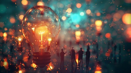Poster - Abstract concept of ideas and creativity with large light bulbs and tiny silhouettes of people. Ideal for innovation, inspiration, and technological advancement.