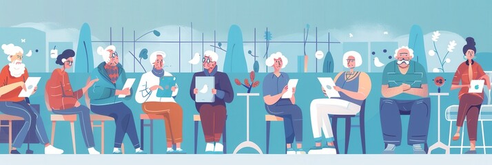 Aufkleber - A group of elderly people are using tablets and engaging in meaningful digital activities at a community center, enjoying a cheerful atmosphere. Generative AI