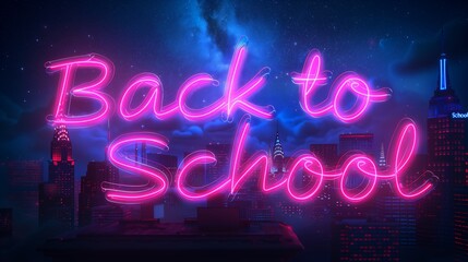 Poster - Pink neon Back to School sign glowing over city buildings at night.