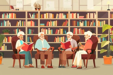 Leinwandbilder - A group of elderly individuals gathers in a library, studying foreign languages using textbooks and dictionaries while enjoying each other's company. Generative AI