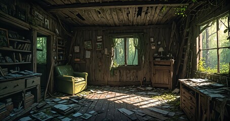 abandoned cabin house in the woods. wooden log lodge interior in the forest on a sunny summer day with sun rays through windows in nature.