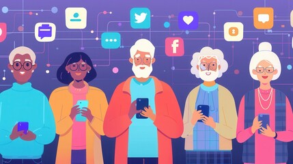 Aufkleber - A group of elderly individuals focuses intently on their smartphones, surrounded by vibrant social media icons in a contemporary digital environment. Generative AI
