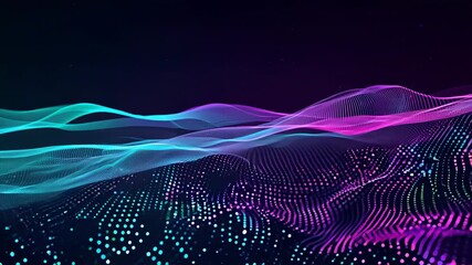 Poster - Neon waves with dots flowing in a dark background at night