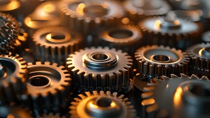Fototapete - A close up of a blue and orange gear with a yellow center. The gear is surrounded by other gears, creating a sense of movement and energy