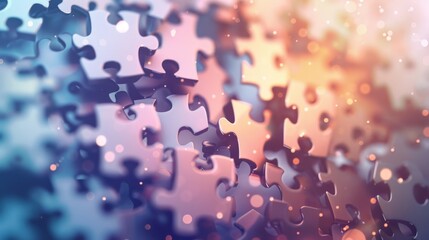 Aufkleber - Scattered colorful puzzle pieces with bokeh effect. Concept of fun, creativity, and engaging activities.