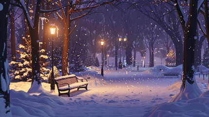 Poster - snow falls on an unoccupied park bench in the city at night, lit by street lamps