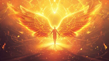 Poster - Spiritual Phoenix Rising Amidst Radiant Geometric Light Waves at Dawn