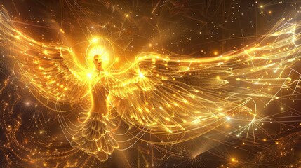 Poster - Spiritual Phoenix Rising With Radiant Geometric Light Waves at Dawn