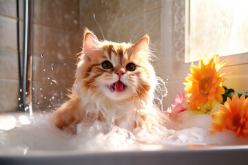 Adorable funny cat in a bath. Pet splashing in the water.