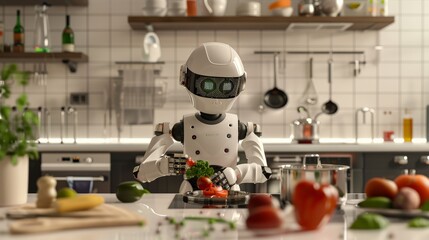 Poster - Humanoid robot preparing a meal in modern kitchen with fresh vegetables. Advanced AI and robotics in home automation.