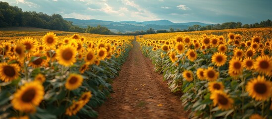 Poster - Sunflowers Field Path Landscape