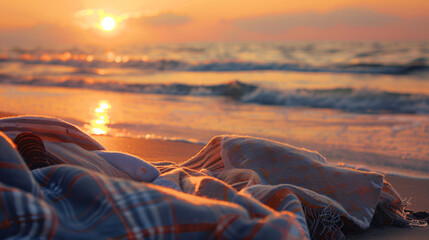 Poster - Plaid blanket laying on the beach with the ocean and a beautiful sunset in the background