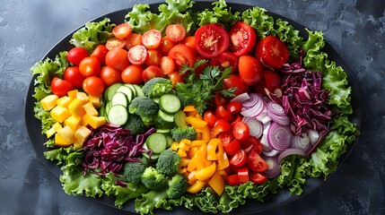 Wall Mural - Colorful vegetable platter, fresh salad ingredients, white marble tabletop, vibrant colors, high detail, food photography, appetizing, healthy eating.