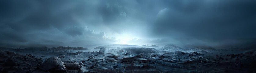 Poster - A dark, stormy ocean with a bright light shining through the clouds