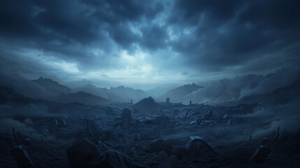 Wall Mural - A desolate landscape with a dark sky and mountains in the background
