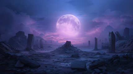 Wall Mural - A desolate landscape with a large purple moon in the sky