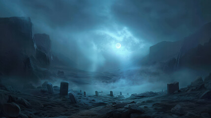 Wall Mural - A desolate landscape with a moon in the sky
