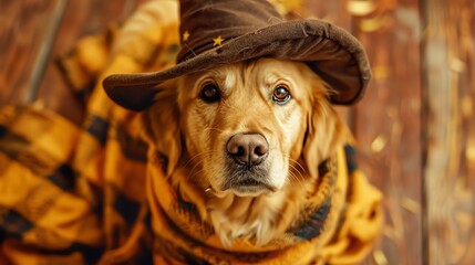 Poster - A golden retriever dog wearing a wizard hat.