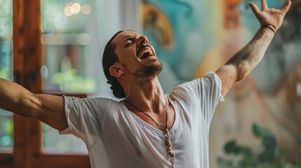 Poster - A man with long dark hair, a white shirt, and a necklace is yelling with his arms in the air.