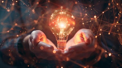 Poster - Hands holding a glowing light bulb with network connections. Concept of creativity, innovation, and bright ideas.