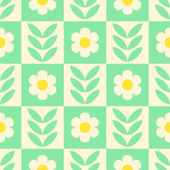 Wall Mural - Yellow and white flowers, green leaves on checkered background. Vector seamless pattern, retro pastel colors.