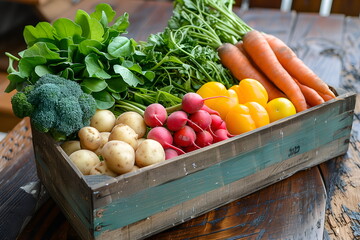 Wall Mural - At farmers market, fresh vegetables in wooden crate. Assortment includes potato, radish, bell pepper, broccoli, carrot and leafy greens. Rustic atmosphere, farm produce. Organic food concept