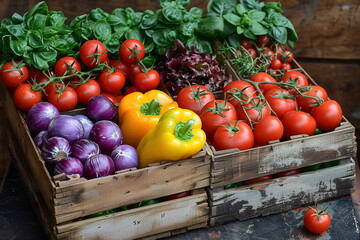 Wall Mural - In wooden crates at local market, farm vegetables. Rustic feel, farm to table. Assortment includes blue onion, bell pepper, cherry tomato, leafy greens. Organic food concept