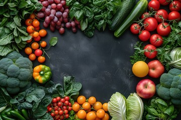 Wall Mural - Assorted mix of useful fruits and vegetables around empty space for design and text in center. Mockup, template. Background with copy space, flat lay, top view. Organic food and eco friendly concept