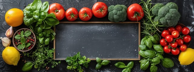 Wall Mural - Collection of fruits and vegetables on dark surface, with wooden frame with empty space for design in center. Background with copy space, flat lay, top view. Concept of organic and natural products