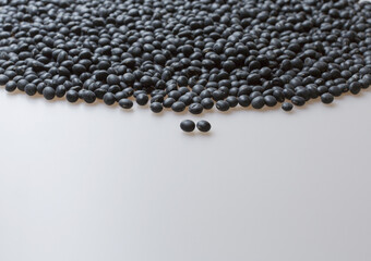 Canvas Print - Close-up of two dried raw Seoritae(black beans) with stacked others on white floor, South Korea
