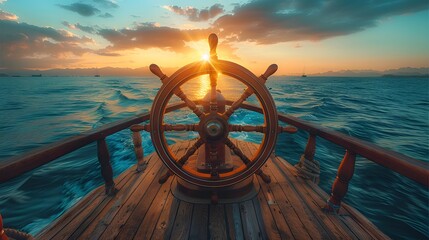 Sticker - Ship's wheel on boat deck, intense sunlight, golden hour, lens flare, turquoise ocean, clear blue sky, wispy clouds, wooden deck, nautical adventure, ultra-wide angle.