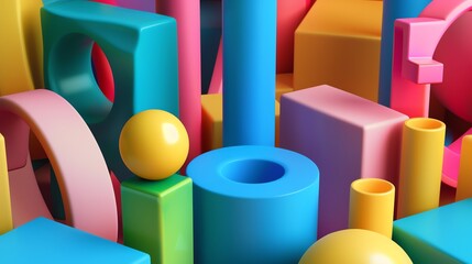 Poster - A 3D rendering of various colorful geometric shapes.