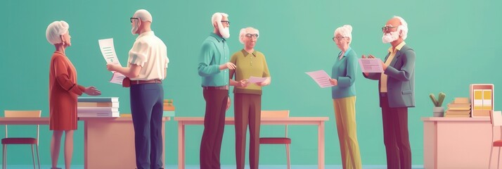 Poster - A group of elderly people are actively discussing and sharing documents in a vibrant community center during a lively gathering. Generative AI