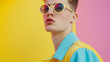 © VK Studio - A trendy young man in colorful, stylish clothes and yellow-rimmed sunglasses stands confidently against a bright, yellow-pink backdrop.