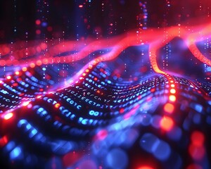 Poster - flowing binary code with neon lights digital data stream in cyber theme background