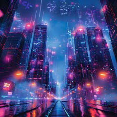 Poster - Neon lit Metropolis with Towering Skyscrapers and Digital Advertisements