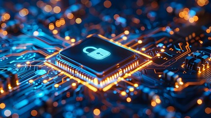 Poster - cybersecurity interface with glowing lock and advanced circuit patterns concept