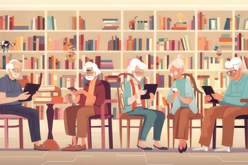 Leinwandbilder - A group of elderly individuals enjoy their time reading books and using tablets in a warm, inviting library surrounded by shelves of books. Generative AI