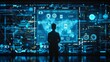 © Zhanna - A silhouette of a man stands before an expansive digital display filled with data visualizations, charts, and maps. The futuristic interface is illuminated in blue hues, creating an atmosphere of