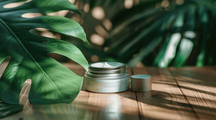 Sticker - Cosmetic jar with cream tropical leaf and metal cap on wooden surface