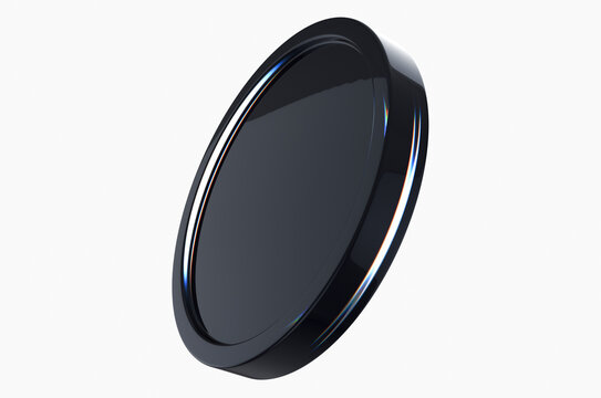 Close-up of dark colored digital coin with neon holographic effect on white background. 3d rendering illustration.