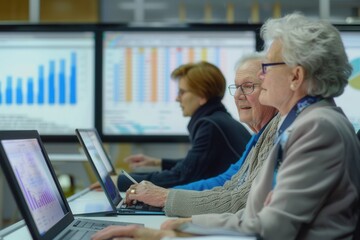 Poster - Elderly participants engage in a technology class at a community center, using laptops while analyzing charts and graphs displayed on large screens. Generative AI