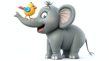 Poster - A cartoon elephant with a bird on its trunk.