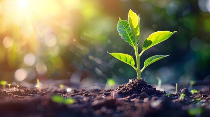 Poster - Young Tree Planted in Garden Representing Growth and Fresh Starts with Green Leaves and Sunny Sky