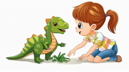 Poster - A young girl is playing with a friendly cartoon dinosaur.