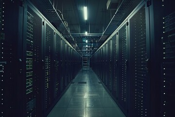 Poster - Dark Server Room With Subtle Ambient Lighting Showcasing Rows of Active Servers in a High-Tech Infrastructure Environment. Generative AI